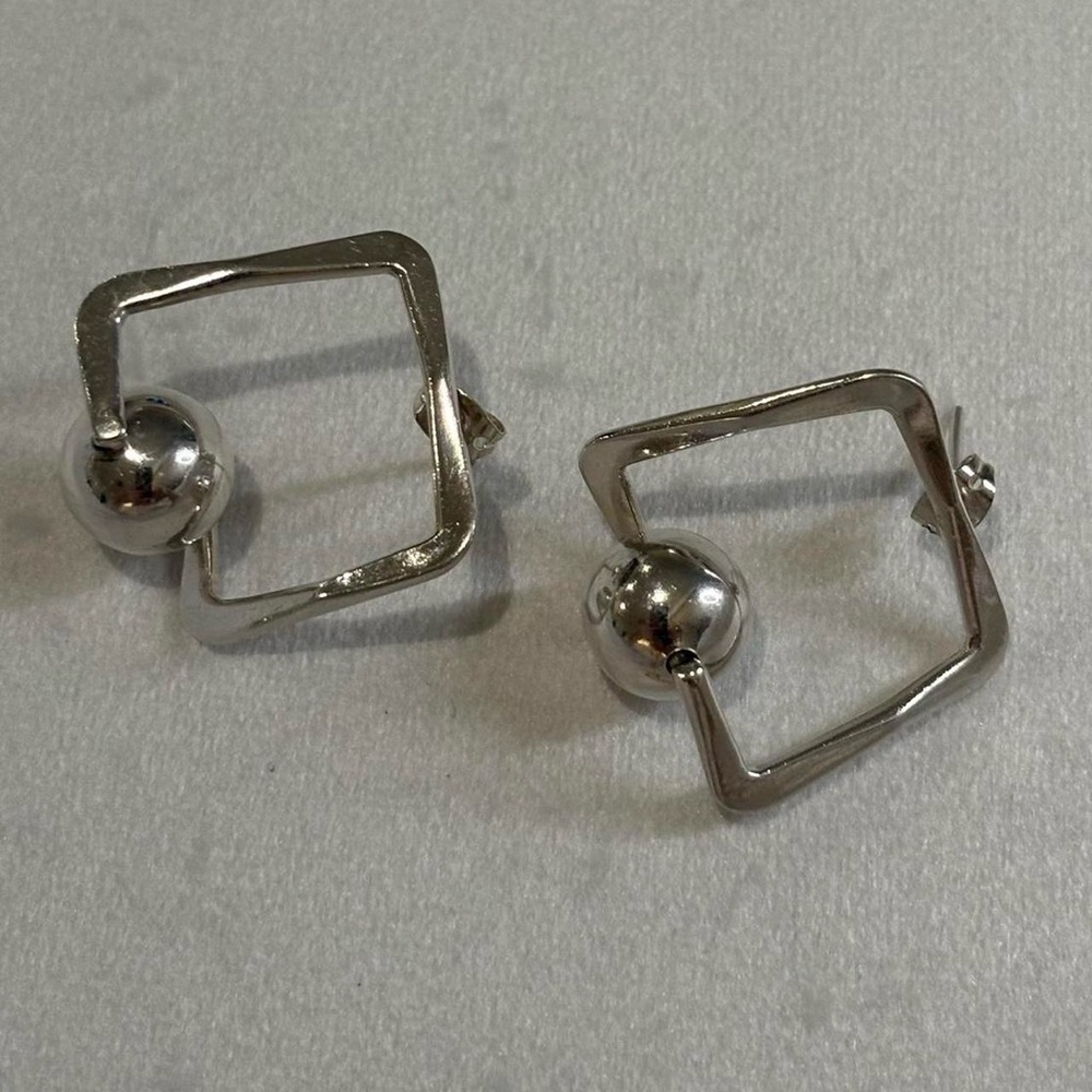 Vintage 925 Sterling Silver Funky Retro Square Frame Rolling Bead Earrings